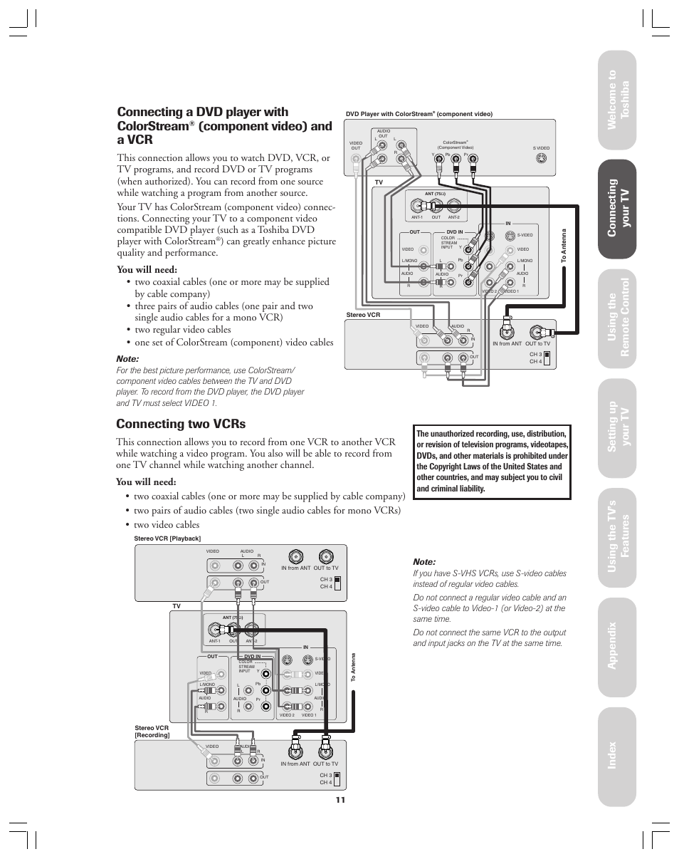 Connecting a dvd player with colorstream, Component video) and a vcr, Connecting two vcrs | Ref er ence | Toshiba 36AX61 User Manual | Page 11 / 50