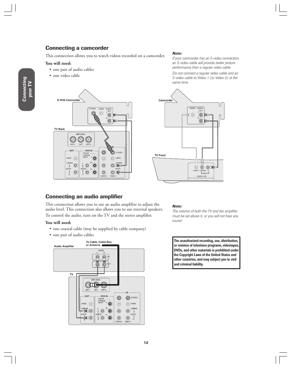 Connecting a camcorder, Connecting an audio amplifier, Ref er ence | Connecting y our t v | Toshiba 36AX61 User Manual | Page 12 / 50