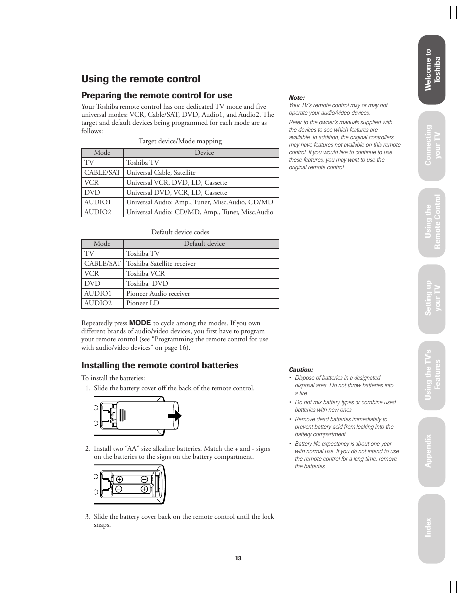 Using the remote control, Preparing the remote control for use, Installing the remote control batteries | Toshiba 36AX61 User Manual | Page 13 / 50