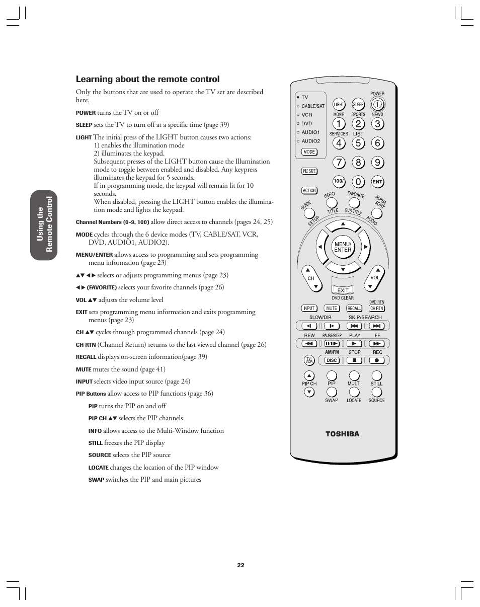 Learning about the remote control | Toshiba 36AX61 User Manual | Page 22 / 50