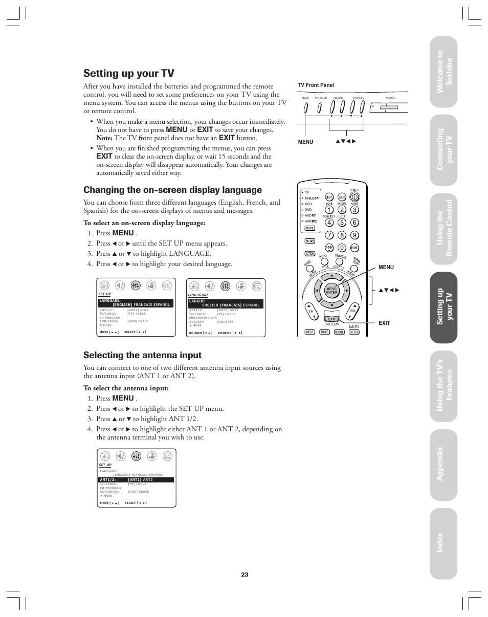 Setting up your tv, Changing the on-screen display language, Selecting the antenna input | Ref er ence | Toshiba 36AX61 User Manual | Page 23 / 50