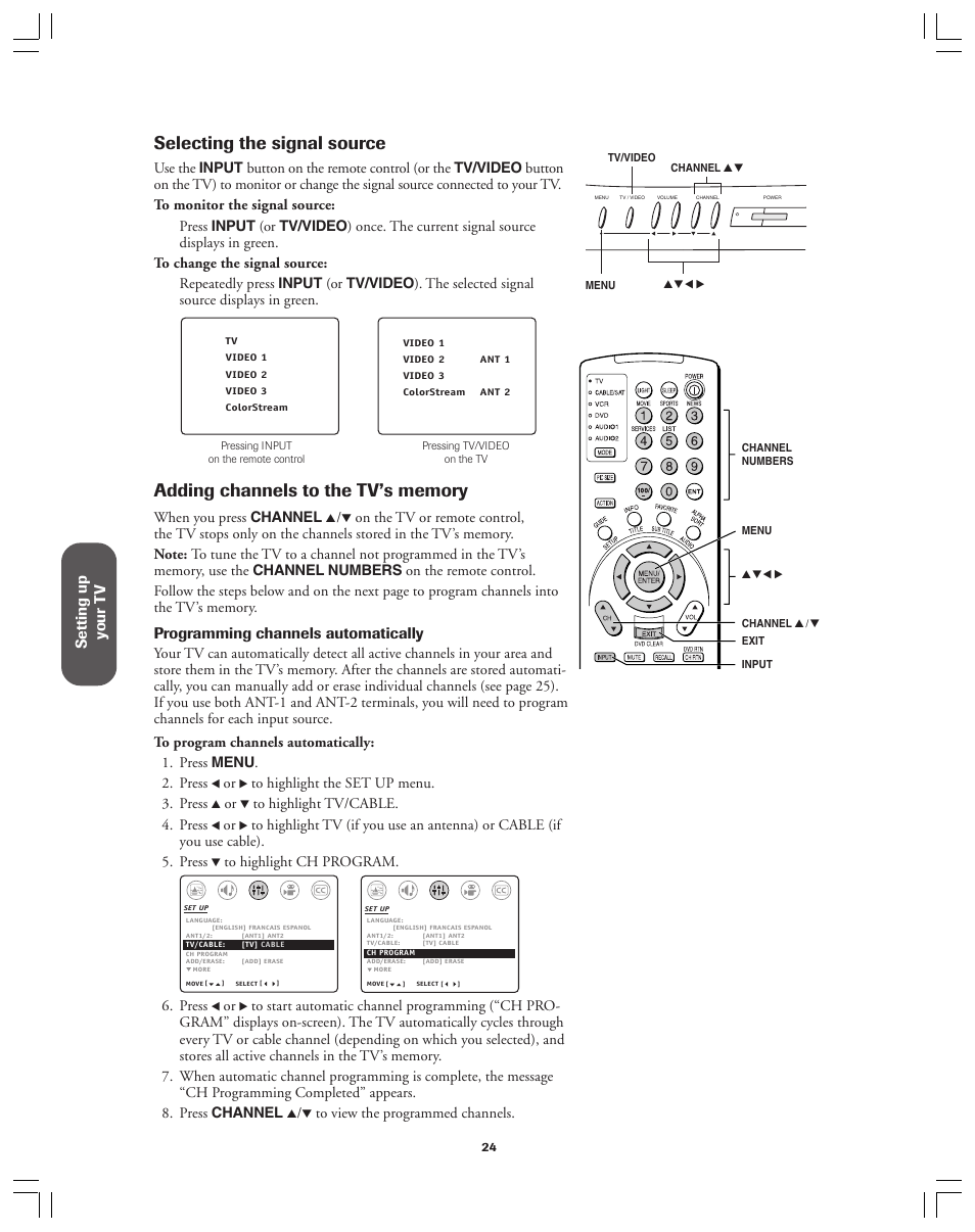 Selecting the signal source, Setting up y our t v, Programming channels automatically | Toshiba 36AX61 User Manual | Page 24 / 50