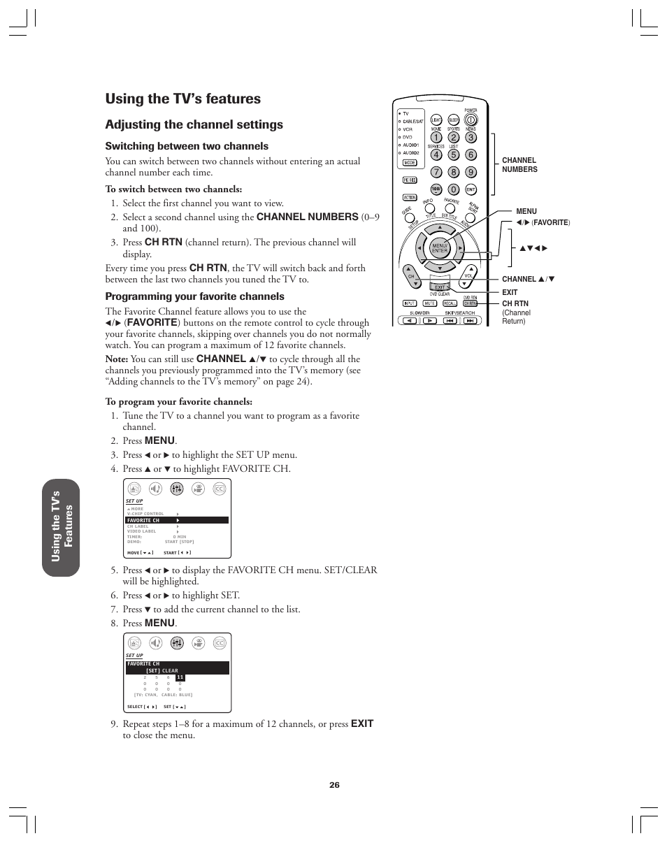 Using the tv’s features, Adjusting the channel settings, Using the t v’s f eatur es | Switching between two channels, Programming your favorite channels | Toshiba 36AX61 User Manual | Page 26 / 50