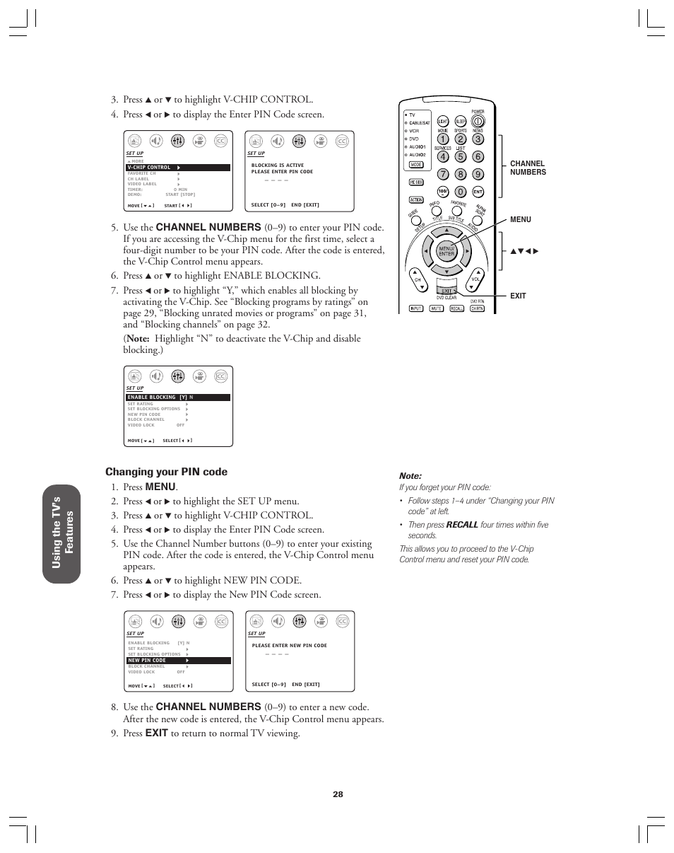 Using the t v’s f eatur es, Changing your pin code | Toshiba 36AX61 User Manual | Page 28 / 50