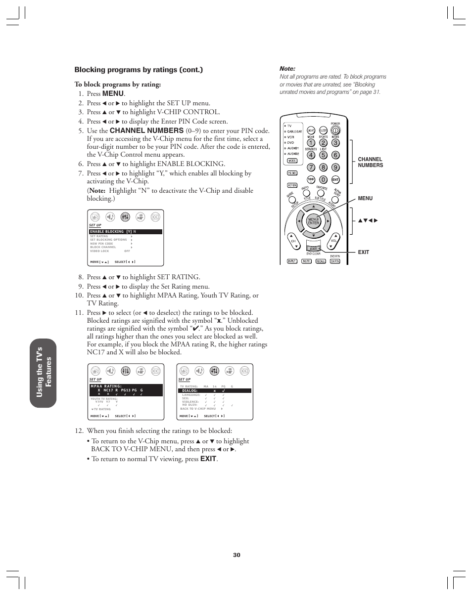 Using the t v’s f eatur es, Blocking programs by ratings (cont.) | Toshiba 36AX61 User Manual | Page 30 / 50