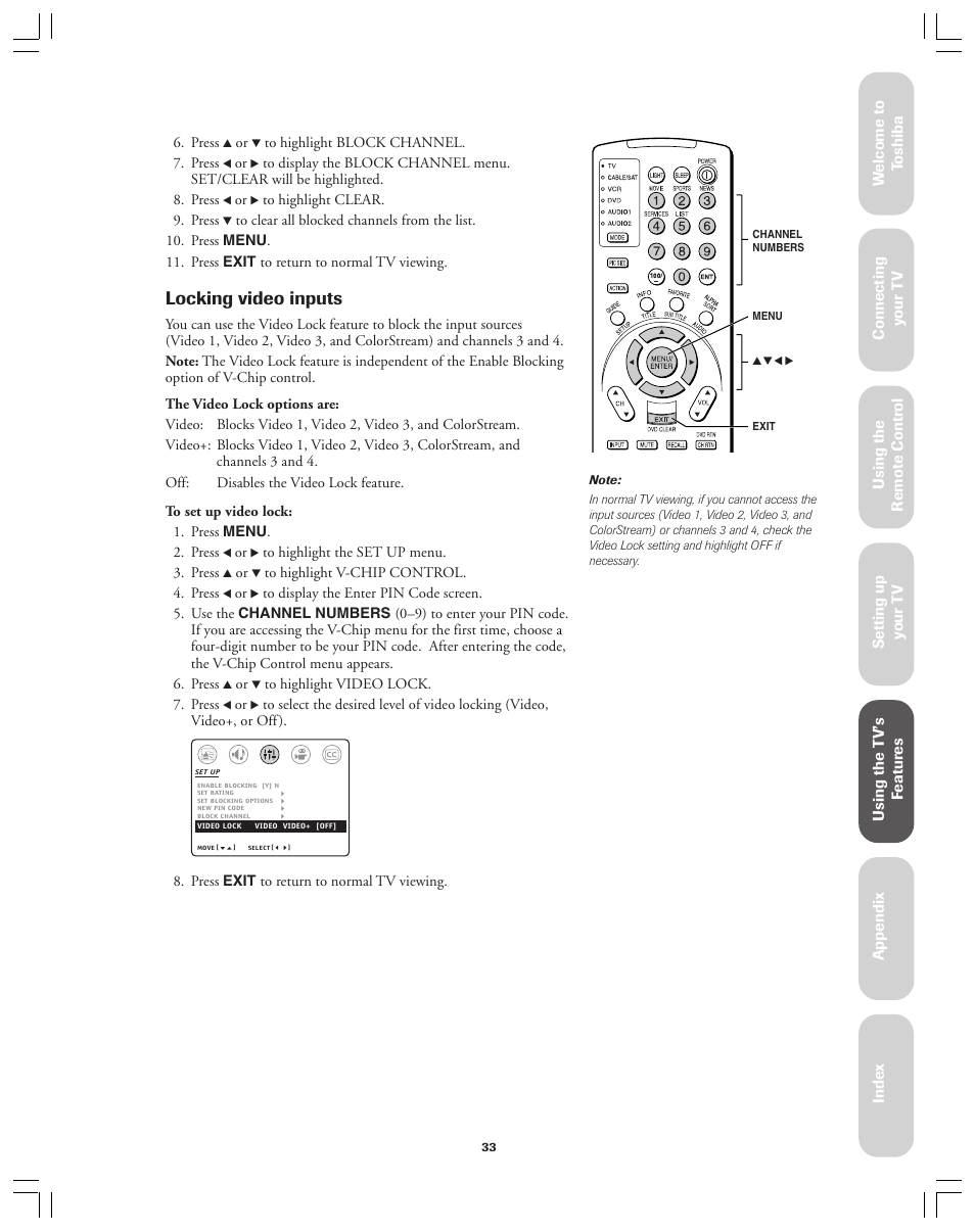 Locking video inputs | Toshiba 36AX61 User Manual | Page 33 / 50