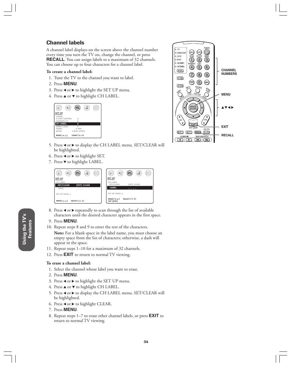 Channel labels, Using the t v’s f eatur es | Toshiba 36AX61 User Manual | Page 34 / 50