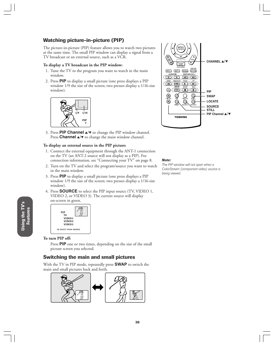 Watching picture-in-picture (pip), Switching the main and small pictures | Toshiba 36AX61 User Manual | Page 36 / 50