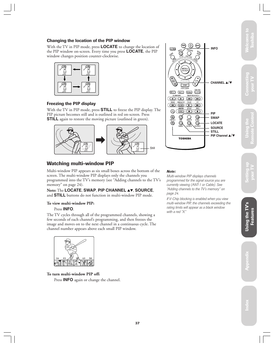 Watching multi-window pip | Toshiba 36AX61 User Manual | Page 37 / 50