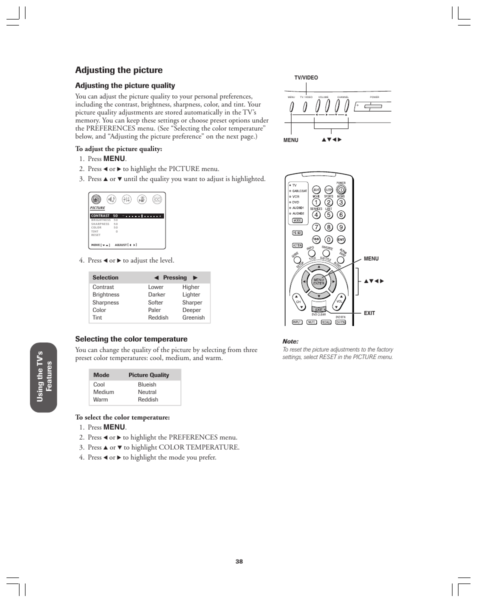 Adjusting the picture, Using the t v’s f eatur es, Adjusting the picture quality | Selecting the color temperature | Toshiba 36AX61 User Manual | Page 38 / 50