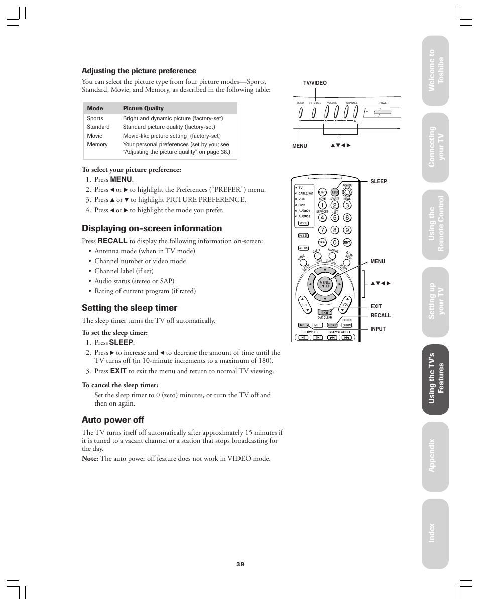 Displaying on-screen information, Setting the sleep timer, Auto power off | Toshiba 36AX61 User Manual | Page 39 / 50