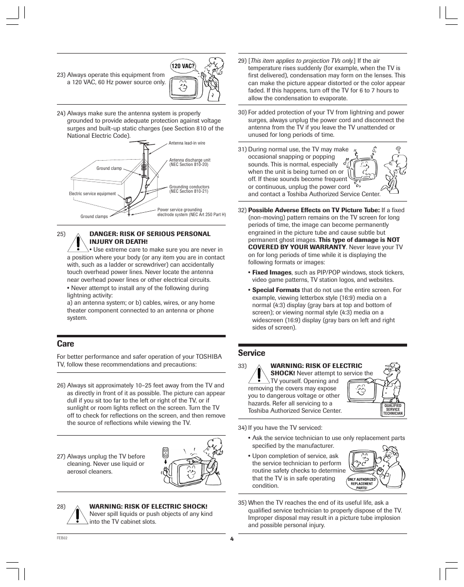 Care, Service | Toshiba 36AX61 User Manual | Page 4 / 50