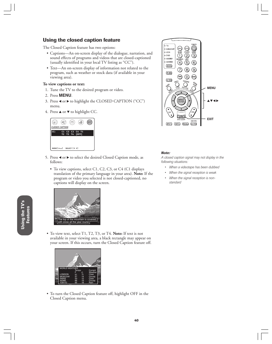 Using the closed caption feature | Toshiba 36AX61 User Manual | Page 40 / 50