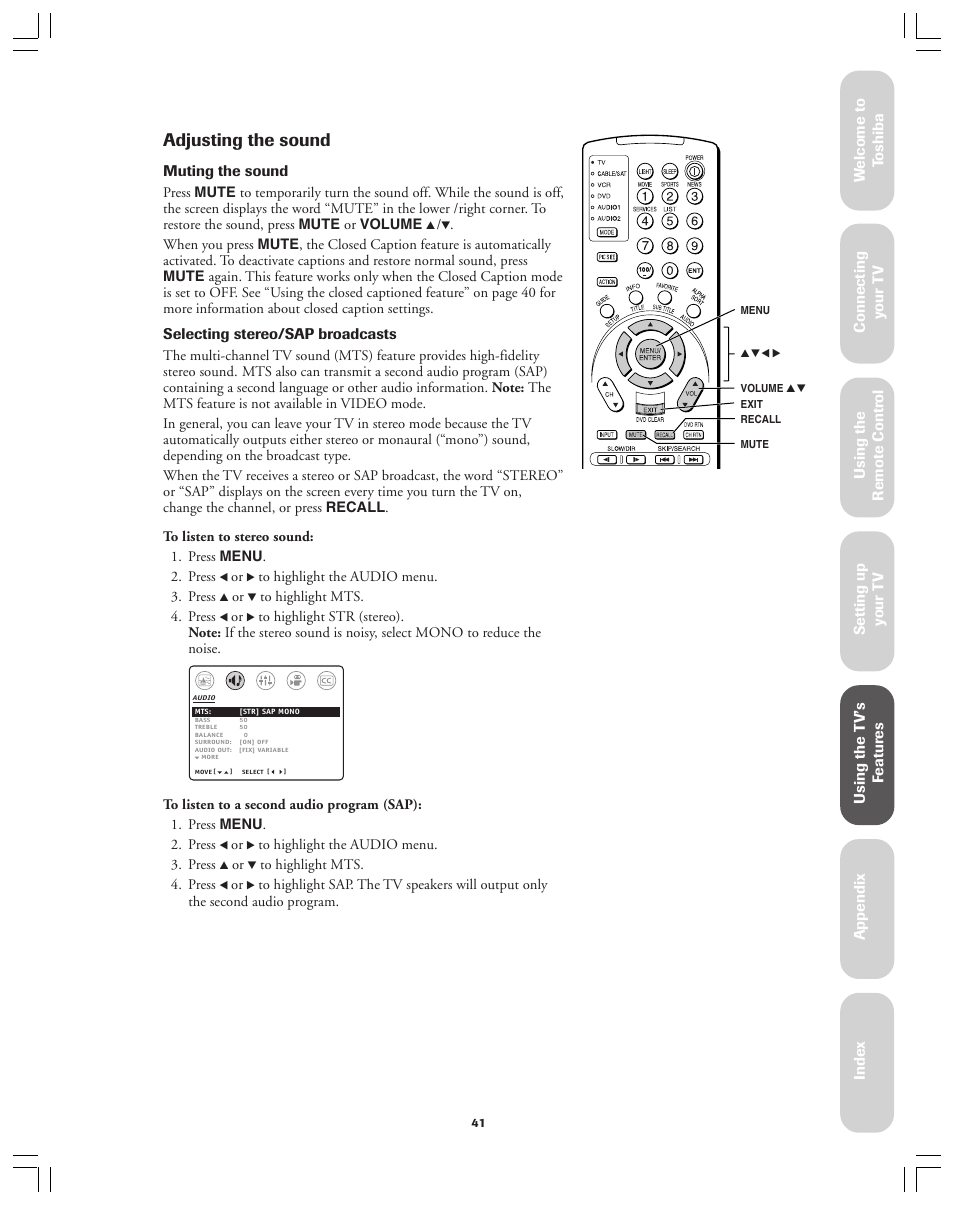 Adjusting the sound, Ref er ence | Toshiba 36AX61 User Manual | Page 41 / 50