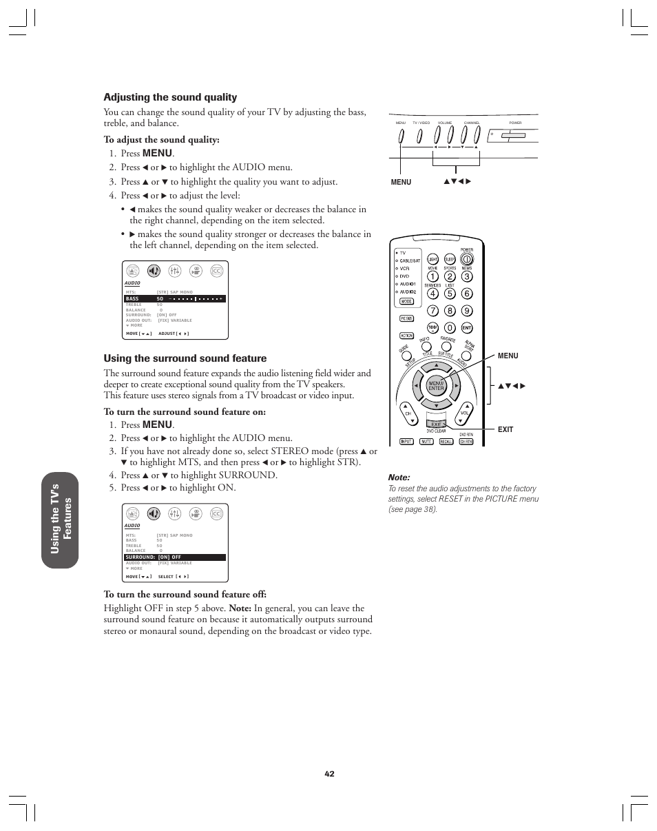 Using the surround sound feature | Toshiba 36AX61 User Manual | Page 42 / 50