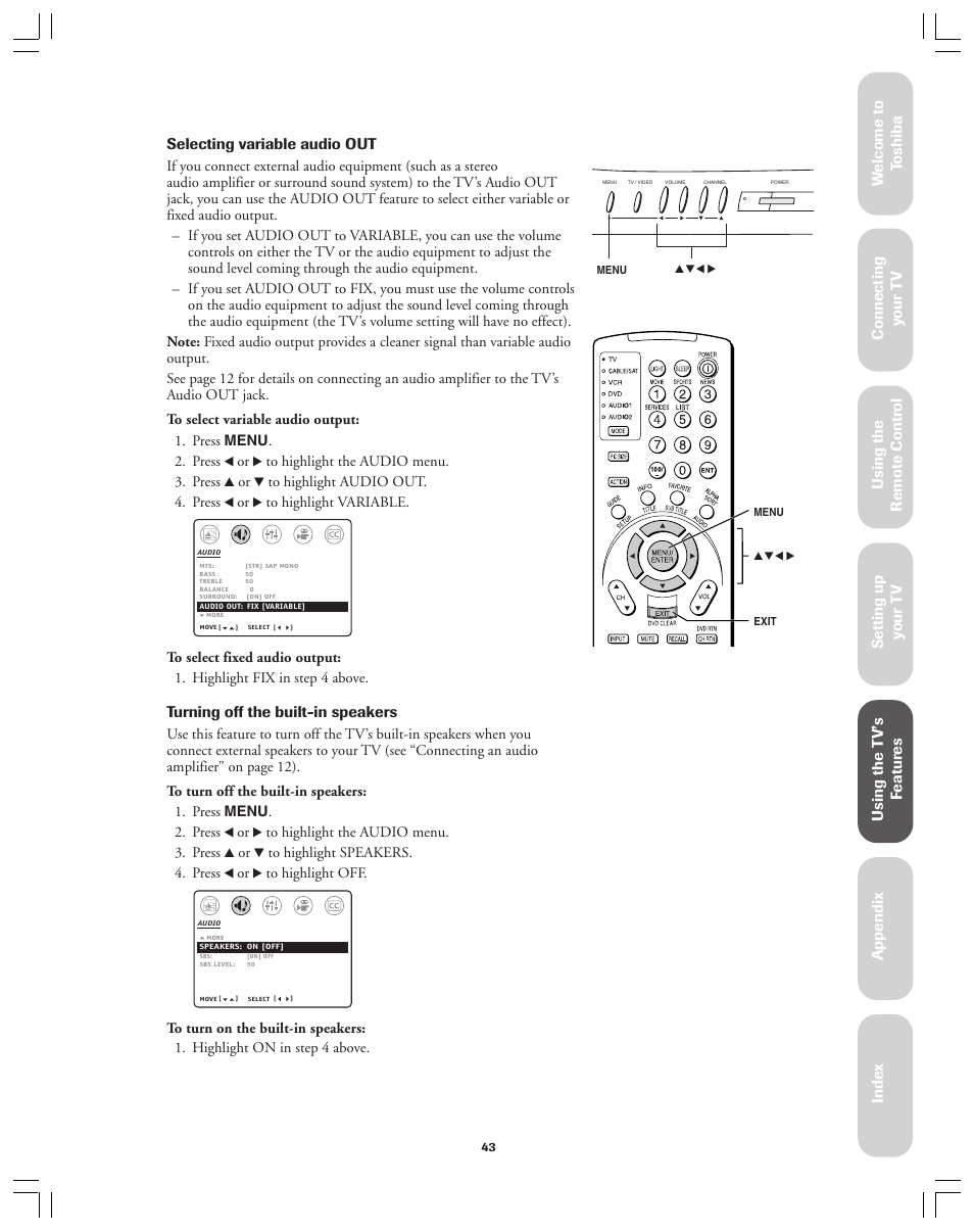 Ref er ence, Turning off the built-in speakers | Toshiba 36AX61 User Manual | Page 43 / 50