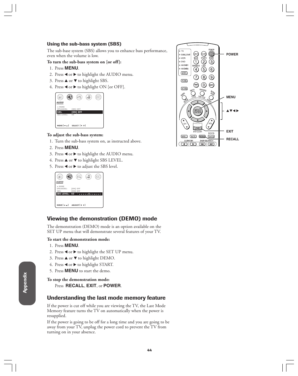 Viewing the demonstration (demo) mode, Ref er ence, Appendix | Using the sub-bass system (sbs) | Toshiba 36AX61 User Manual | Page 44 / 50