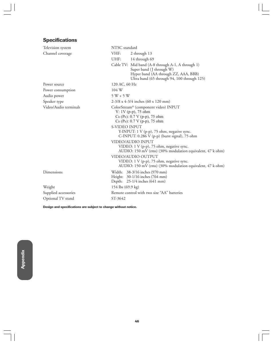 Specifications | Toshiba 36AX61 User Manual | Page 46 / 50