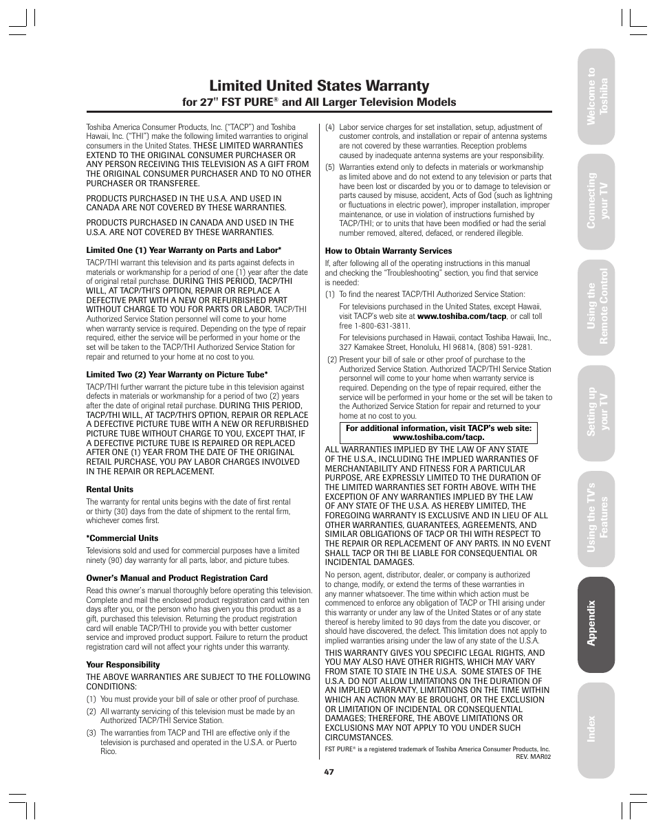 Limited united states warranty | Toshiba 36AX61 User Manual | Page 47 / 50