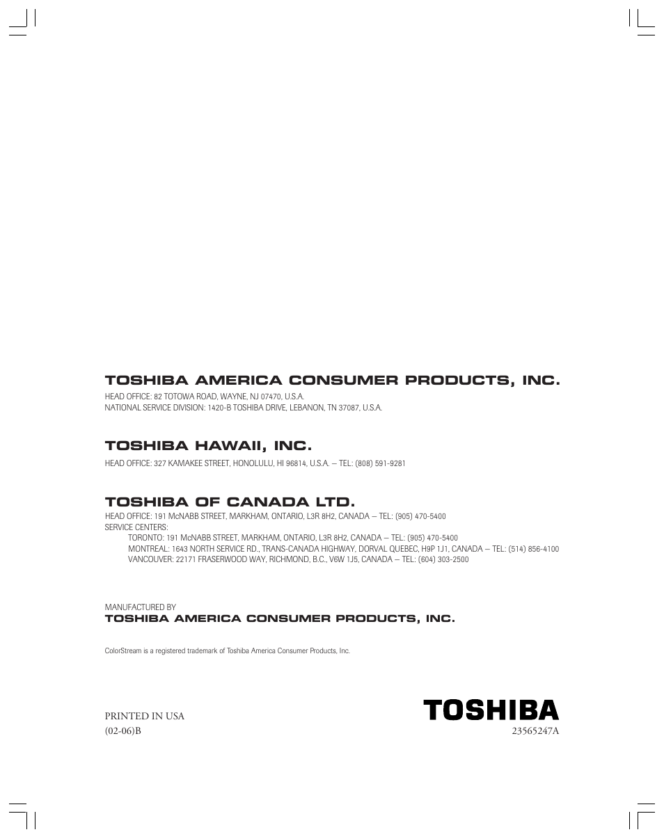 Toshiba of canada ltd, Toshiba hawaii, inc, Toshiba america consumer products, inc | Toshiba 36AX61 User Manual | Page 50 / 50