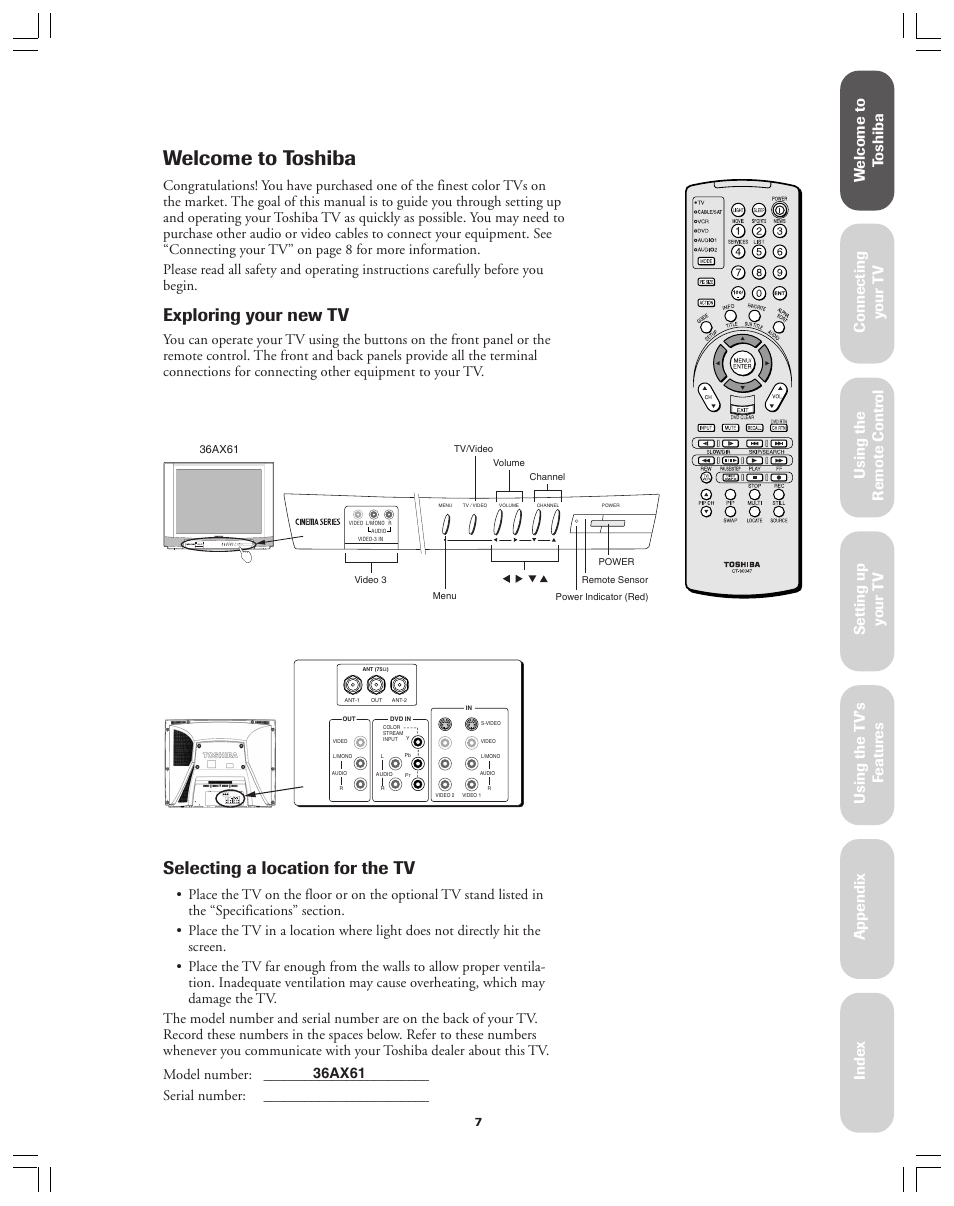 Welcome to toshiba, Exploring your new tv, Selecting a location for the tv | Ref er ence | Toshiba 36AX61 User Manual | Page 7 / 50