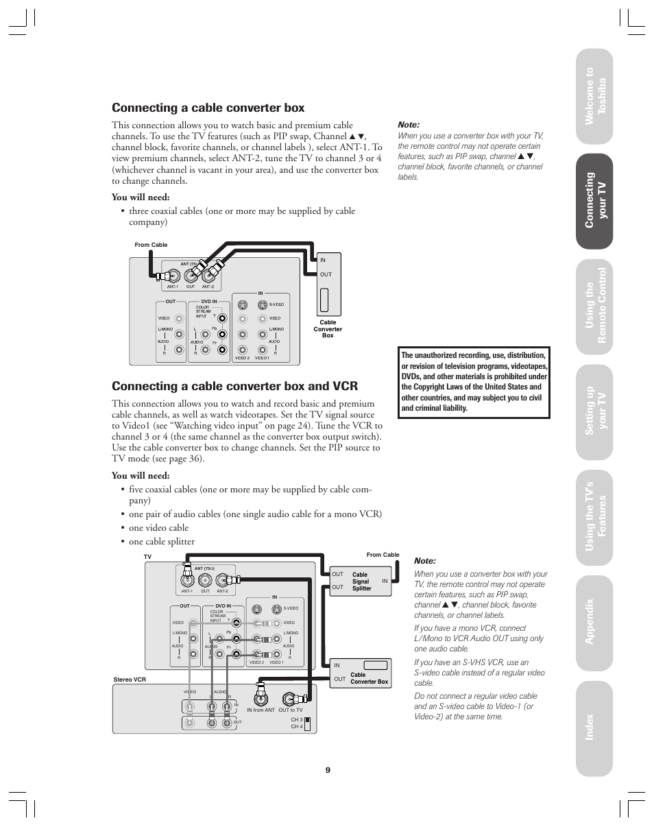 Connecting a cable converter box, Connecting a cable converter box and vcr, Ref er ence | Toshiba 36AX61 User Manual | Page 9 / 50