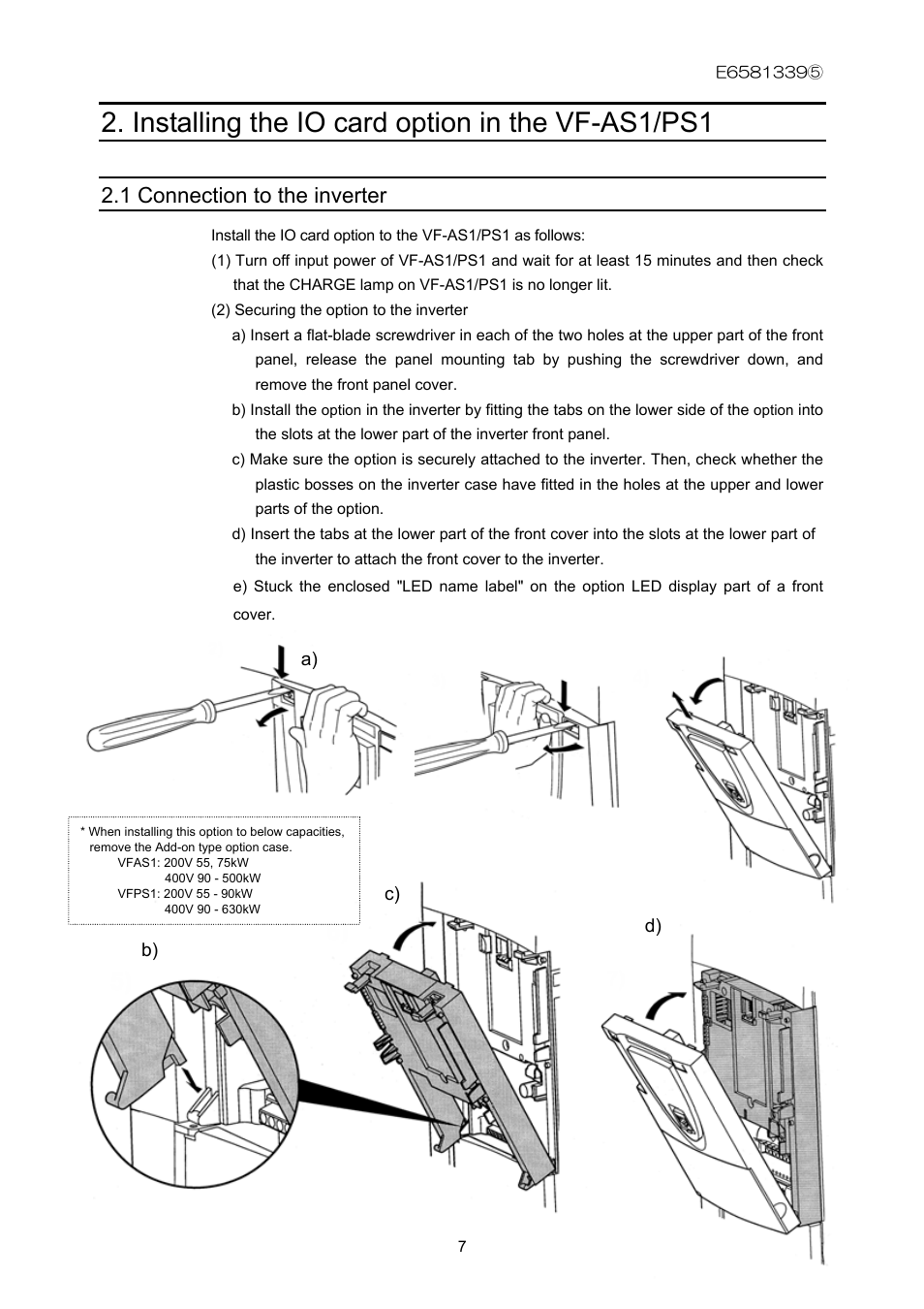 Installing the io card option in the vf-as1/ps1, 1 connection to the inverter | Toshiba ETB003Z User Manual | Page 8 / 16