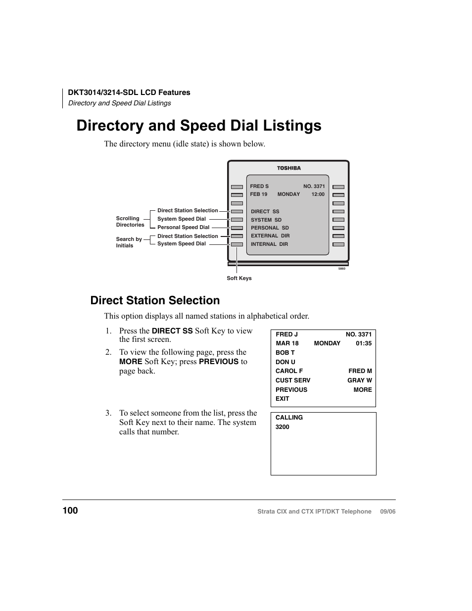 Directory and speed dial listings, Direct station selection, The directory menu (idle state) is shown below | Soft key; press | Toshiba CT User Manual | Page 116 / 155