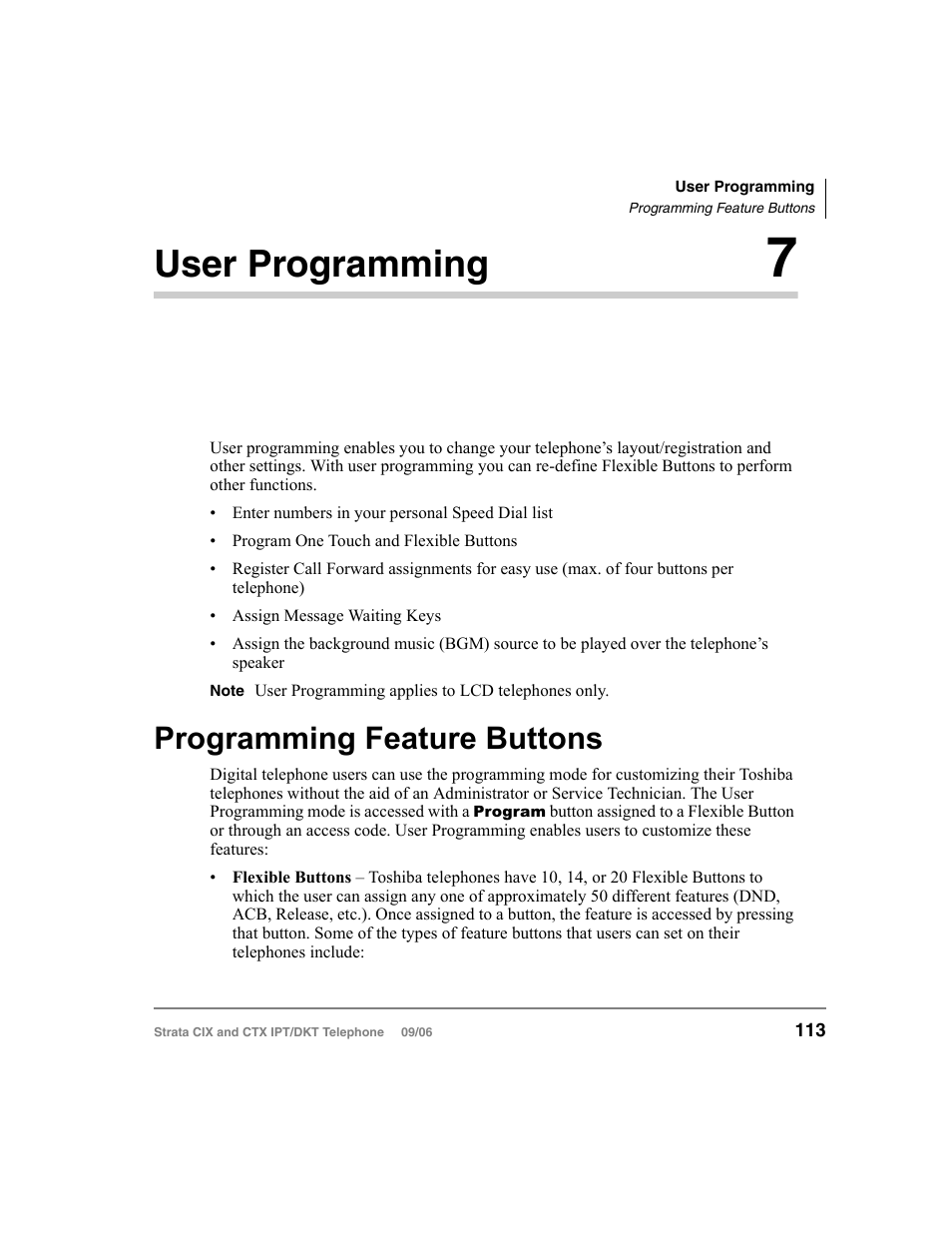 User programming 7, Programming feature buttons, Chapter 7 — user programming | Quence. see, Programming, User programming | Toshiba CT User Manual | Page 129 / 155