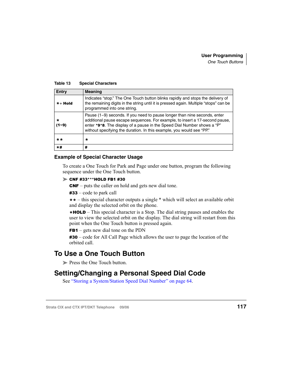 To use a one touch button, Setting/changing a personal speed dial code, Ters, see | Table 13 | Toshiba CT User Manual | Page 133 / 155