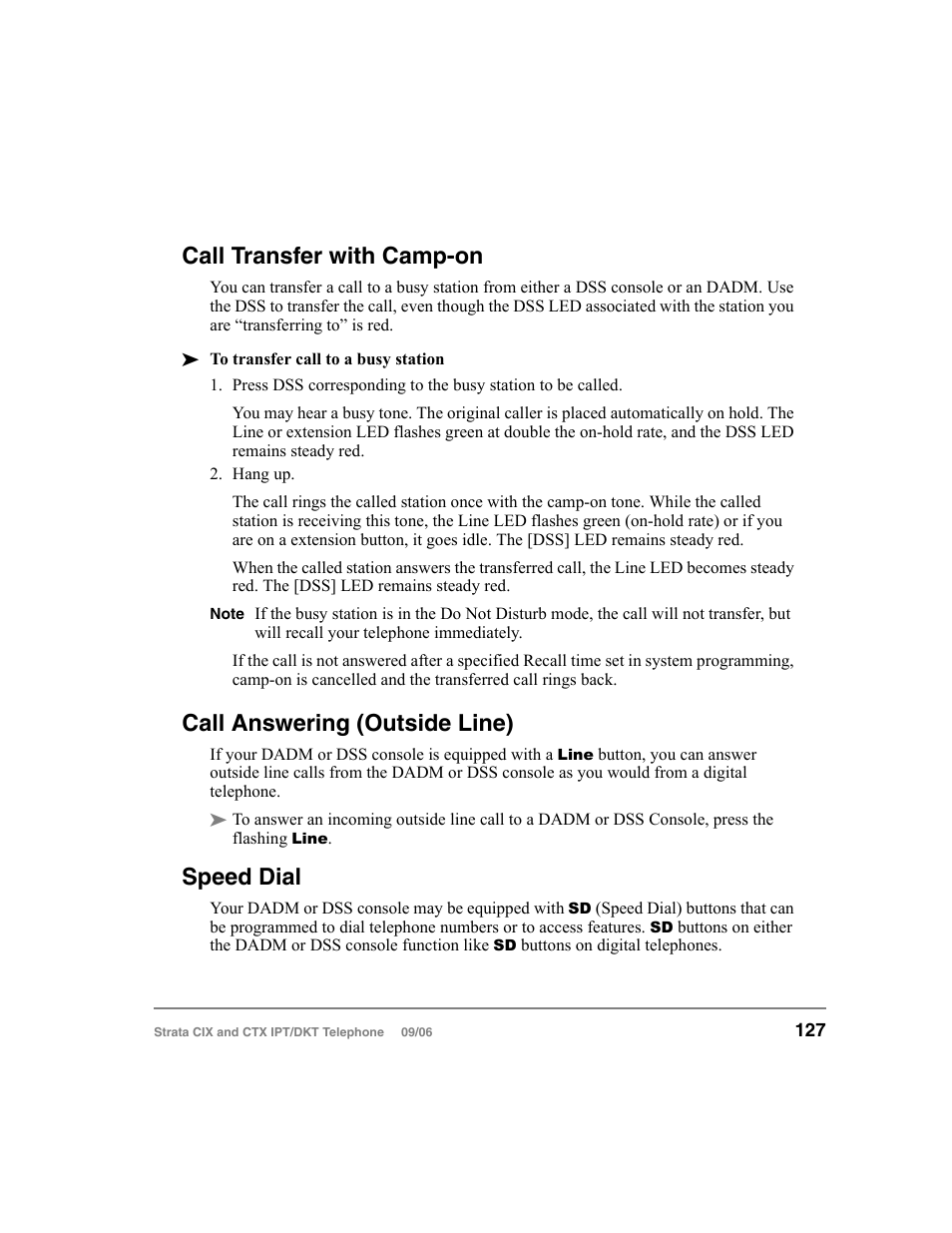Call transfer with camp-on, Call answering (outside line), Speed dial | Toshiba CT User Manual | Page 143 / 155