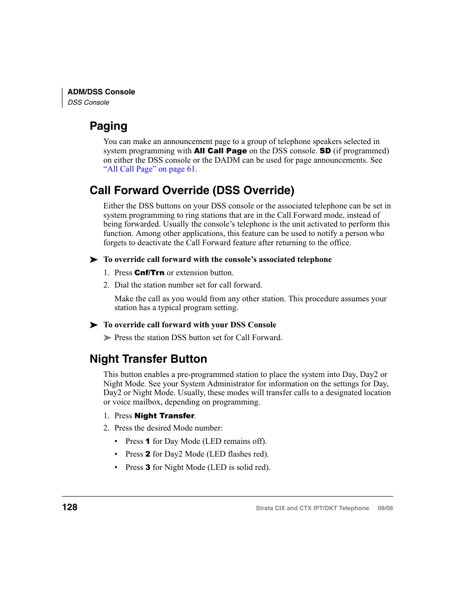 Paging, Call forward override (dss override), Night transfer button | Toshiba CT User Manual | Page 144 / 155