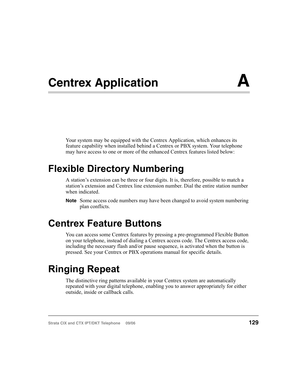 Centrex application a, Flexible directory numbering, Centrex feature buttons | Ringing repeat, Appendix a — centrex application, Centrex application | Toshiba CT User Manual | Page 145 / 155