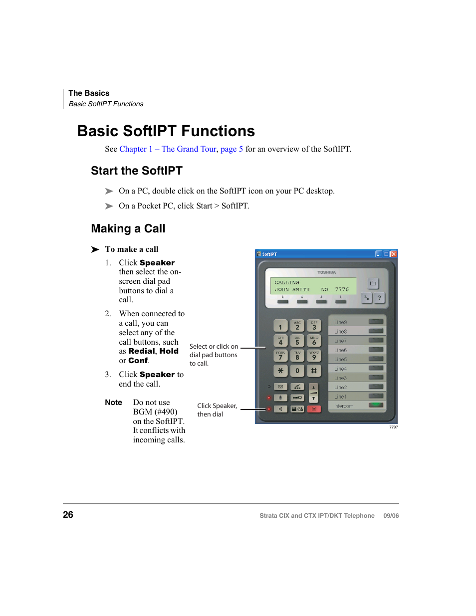 Basic softipt functions, Start the softipt, Making a call | Start the softipt making a call | Toshiba CT User Manual | Page 42 / 155