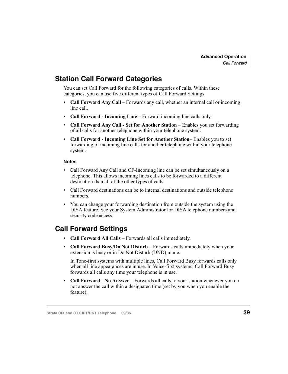 Station call forward categories, Call forward settings | Toshiba CT User Manual | Page 55 / 155