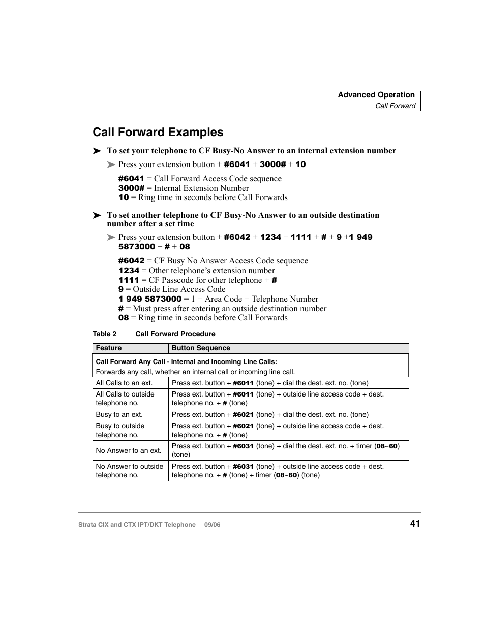 Call forward examples, Table 2, Call forward procedure | Contains call forwa, Tone) means that | Toshiba CT User Manual | Page 57 / 155