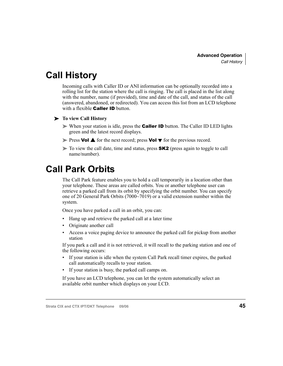 Call history, Call park orbits, Call history call park orbits | Toshiba CT User Manual | Page 61 / 155