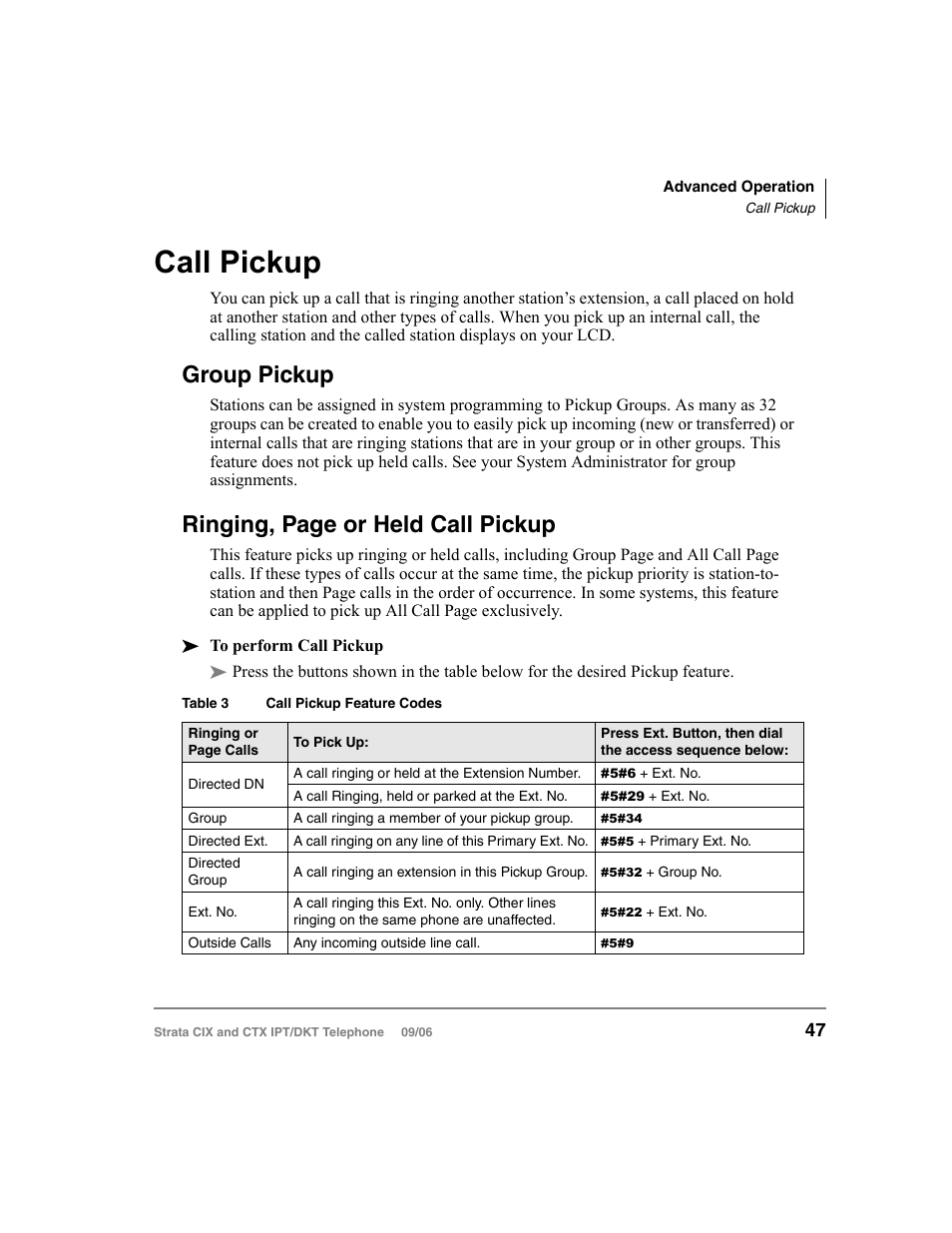 Call pickup, Group pickup, Ringing, page or held call pickup | Toshiba CT User Manual | Page 63 / 155