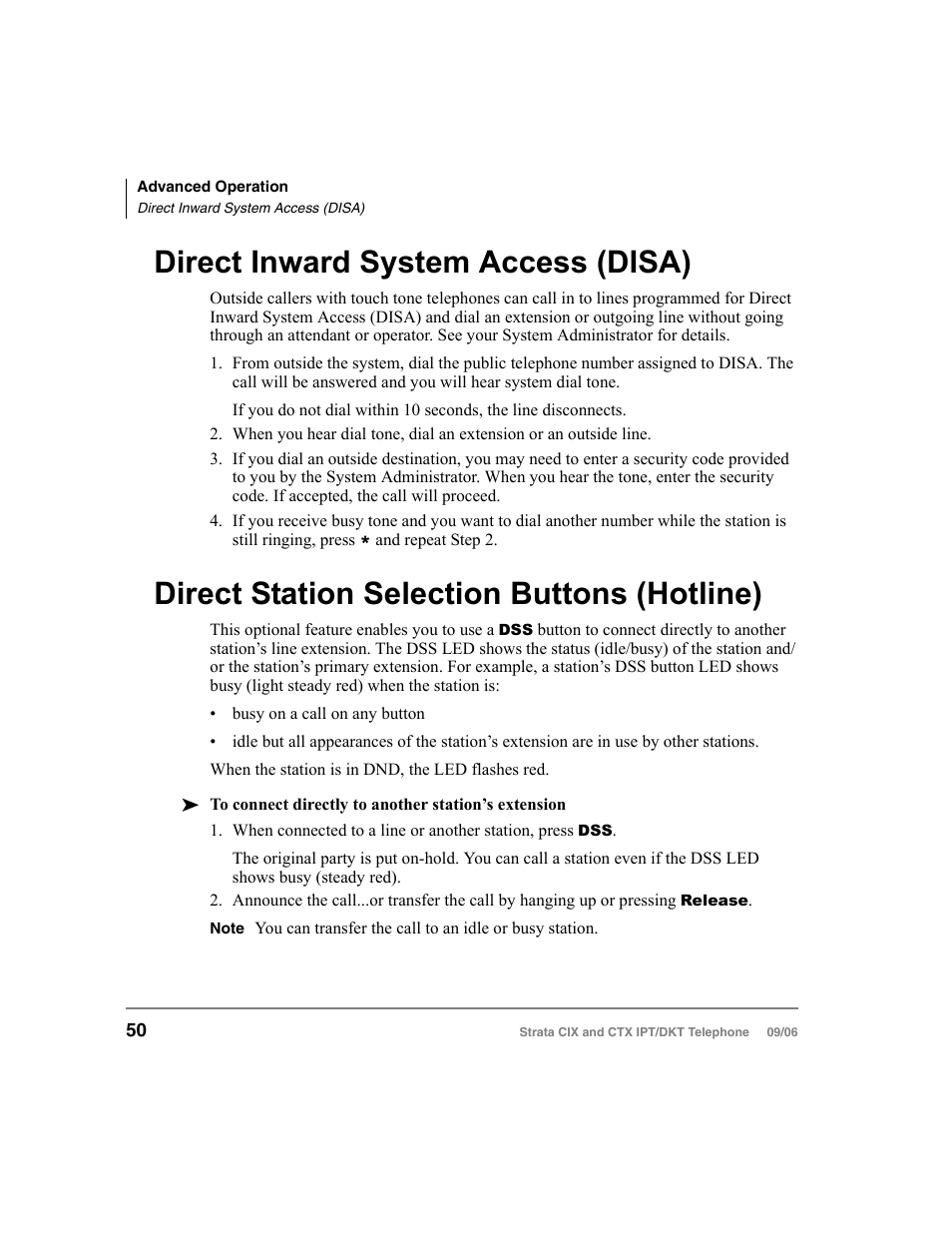 Direct inward system access (disa), Direct station selection buttons (hotline) | Toshiba CT User Manual | Page 66 / 155