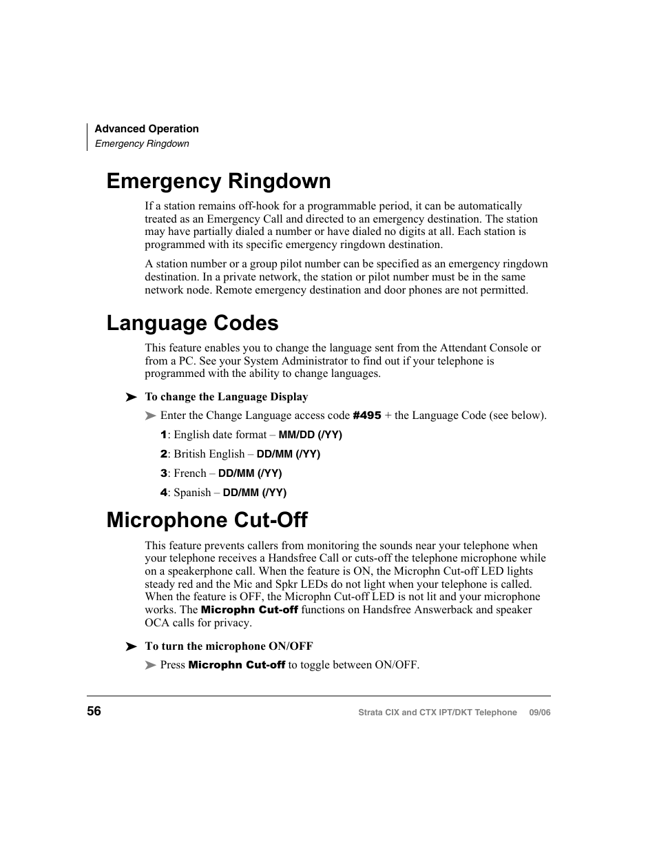 Emergency ringdown, Language codes, Microphone cut-off | Toshiba CT User Manual | Page 72 / 155