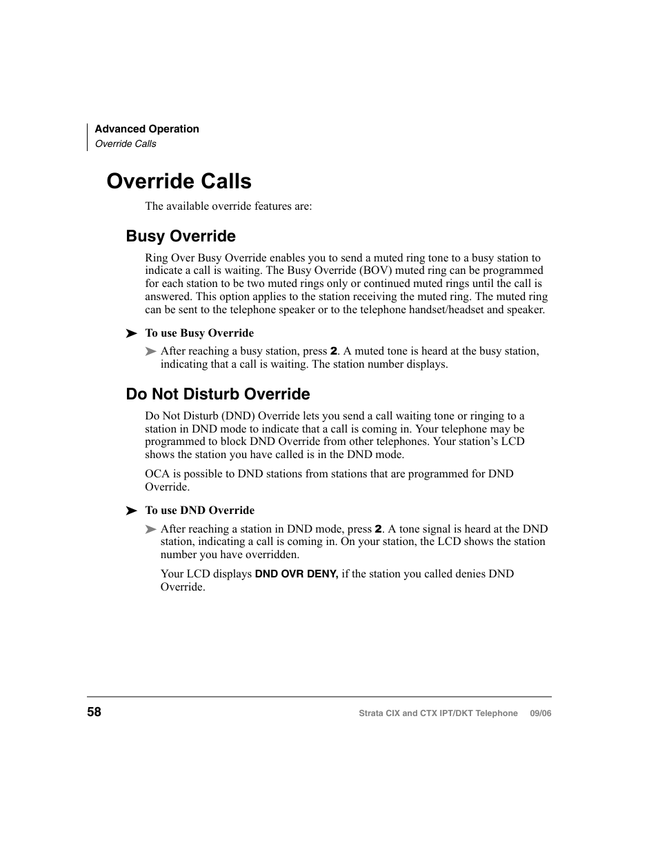 Override calls, Busy override, Do not disturb override | Busy override do not disturb override | Toshiba CT User Manual | Page 74 / 155