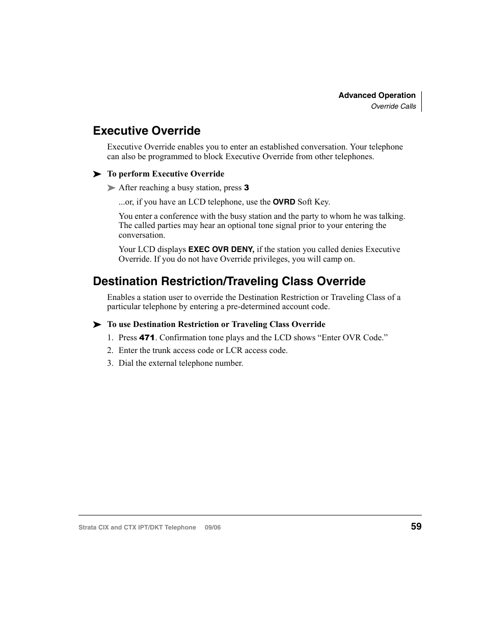 Executive override, Destination restriction/traveling class override | Toshiba CT User Manual | Page 75 / 155