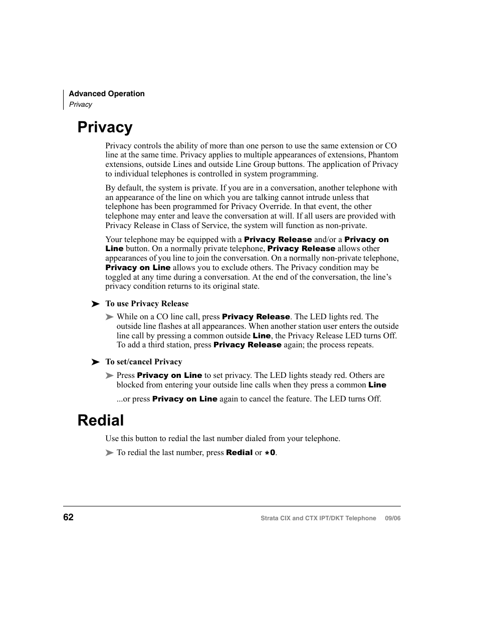 Privacy, Redial, Privacy redial | Toshiba CT User Manual | Page 78 / 155