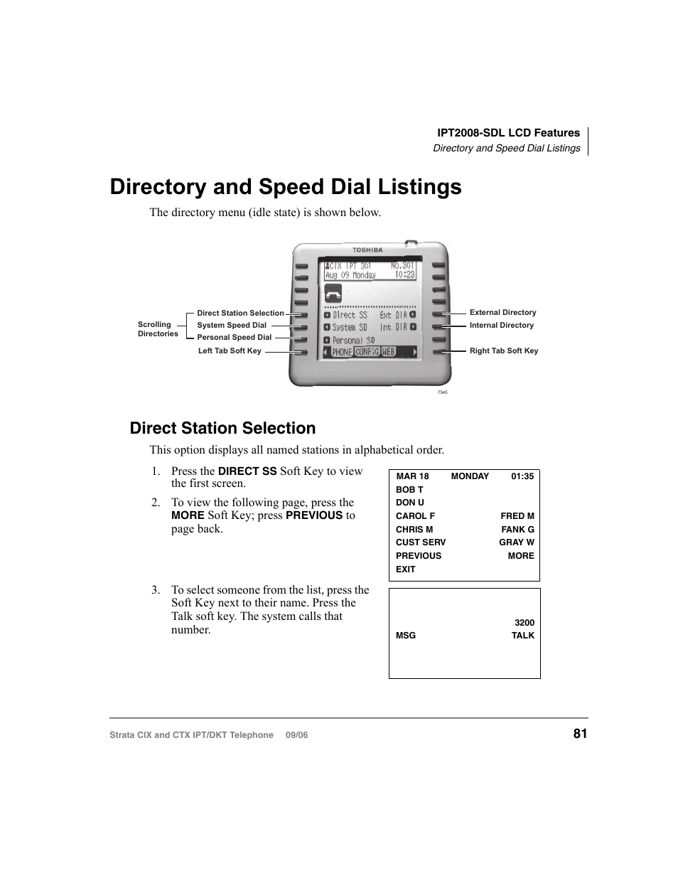 Directory and speed dial listings, Direct station selection, Directory and speed dial | Toshiba CT User Manual | Page 97 / 155