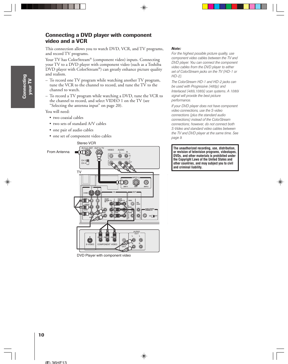 Dvd player with component video and vcr, E ) 36hf13 | Toshiba 36HF13 User Manual | Page 10 / 55