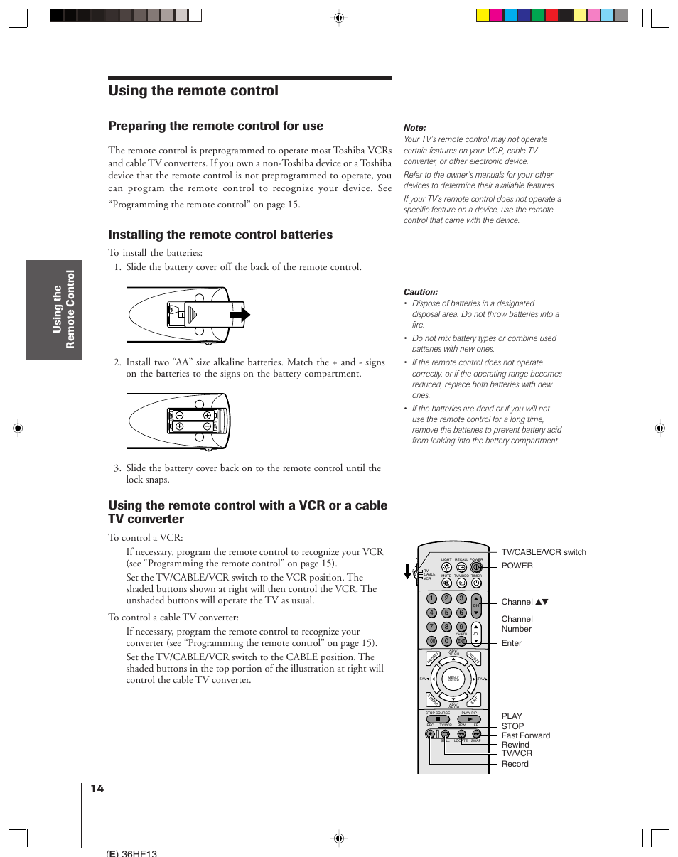 Using the remote control, Preparing the remote control for use, Installing the remote control batteries | Toshiba 36HF13 User Manual | Page 14 / 55