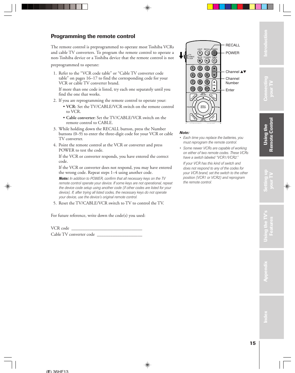 Programming the remote control | Toshiba 36HF13 User Manual | Page 15 / 55