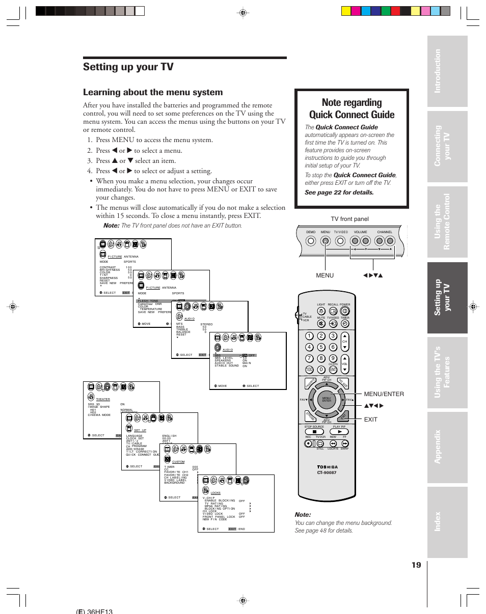 Setting up your tv, Learning about the menu system, E ) 36hf13 | Yzx • exit menu/enter, Menu x •zy tv front panel | Toshiba 36HF13 User Manual | Page 19 / 55