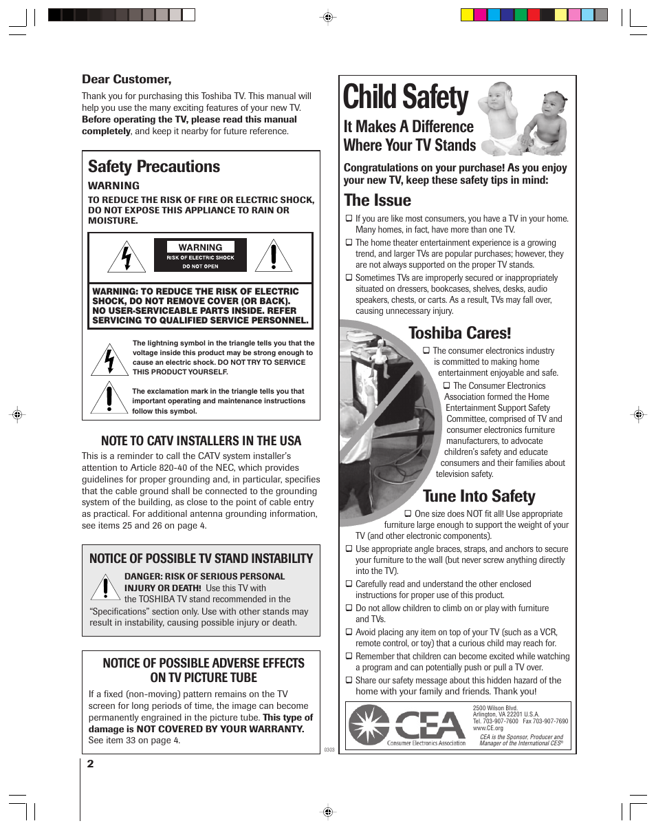 Safety precautions, Child safety, It makes a difference where your tv stands | The issue, Toshiba cares, Tune into safety, Notice of possible tv stand instability | Toshiba 36HF13 User Manual | Page 2 / 55