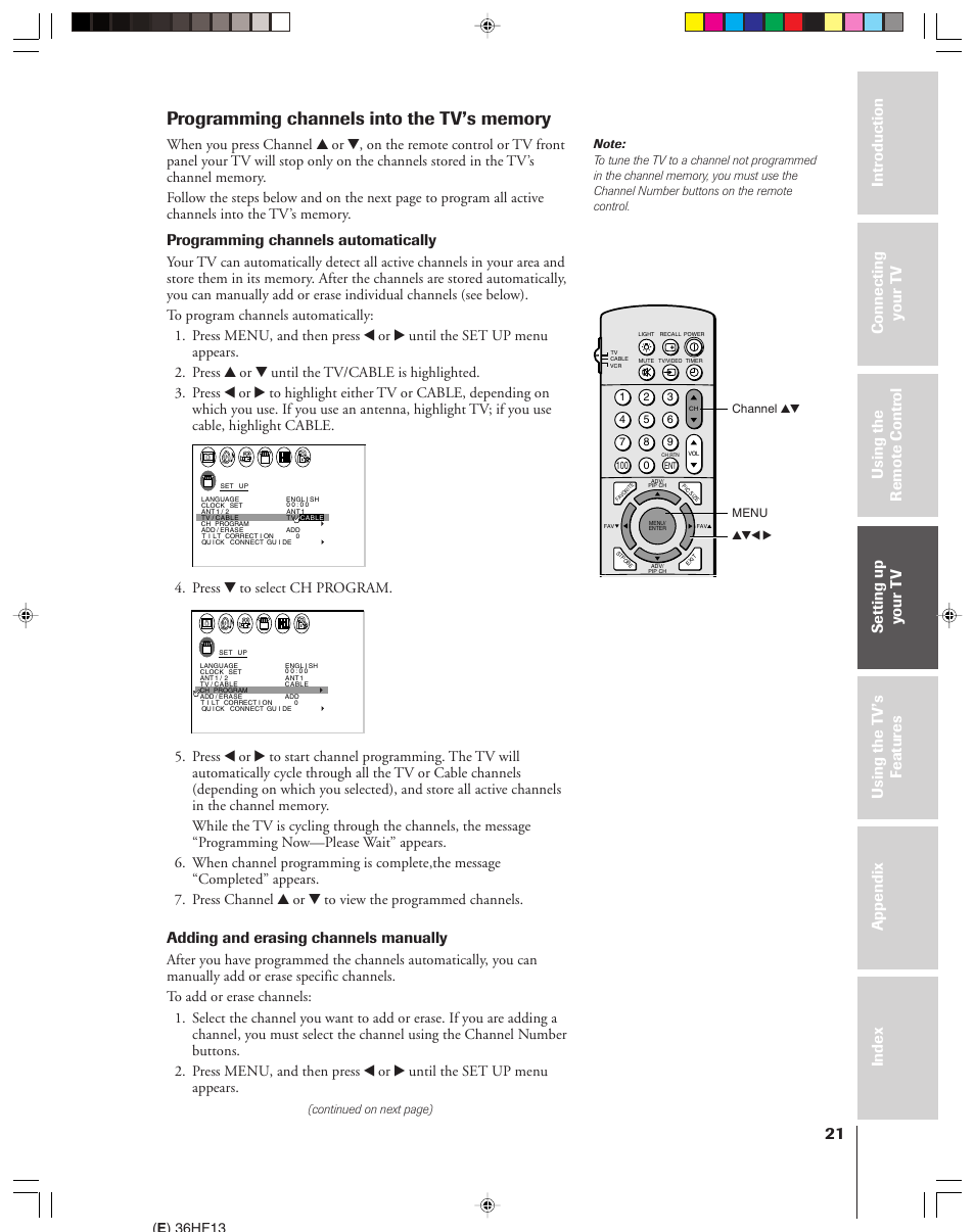 Programming channels into the tv's memory, Programming channels automatically, Adding and erasing channels manually | Press z to select ch program | Toshiba 36HF13 User Manual | Page 21 / 55